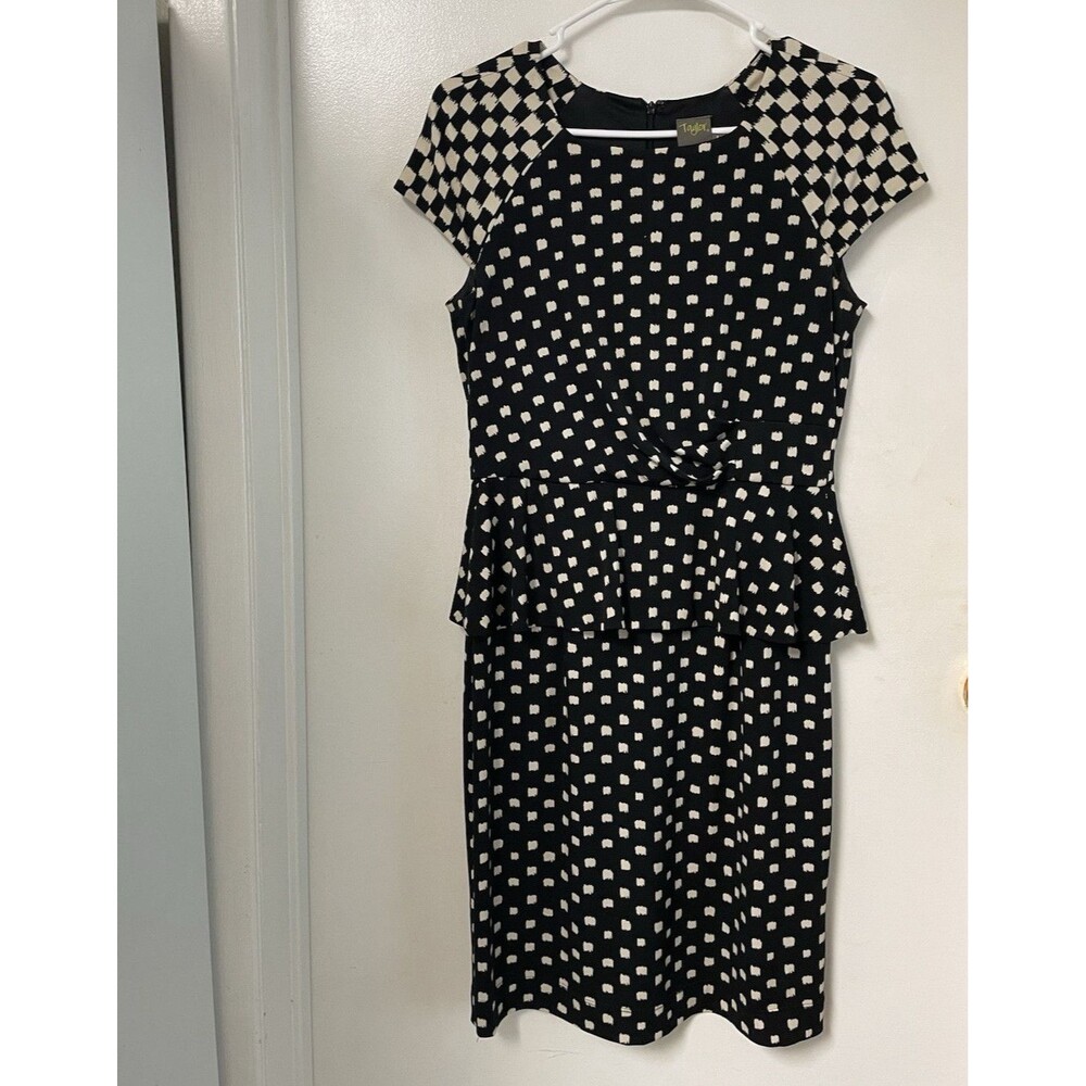 Taylor Polka Dot Sheath Dress Black White Peplum Short Sleeve Scoop Neck 4